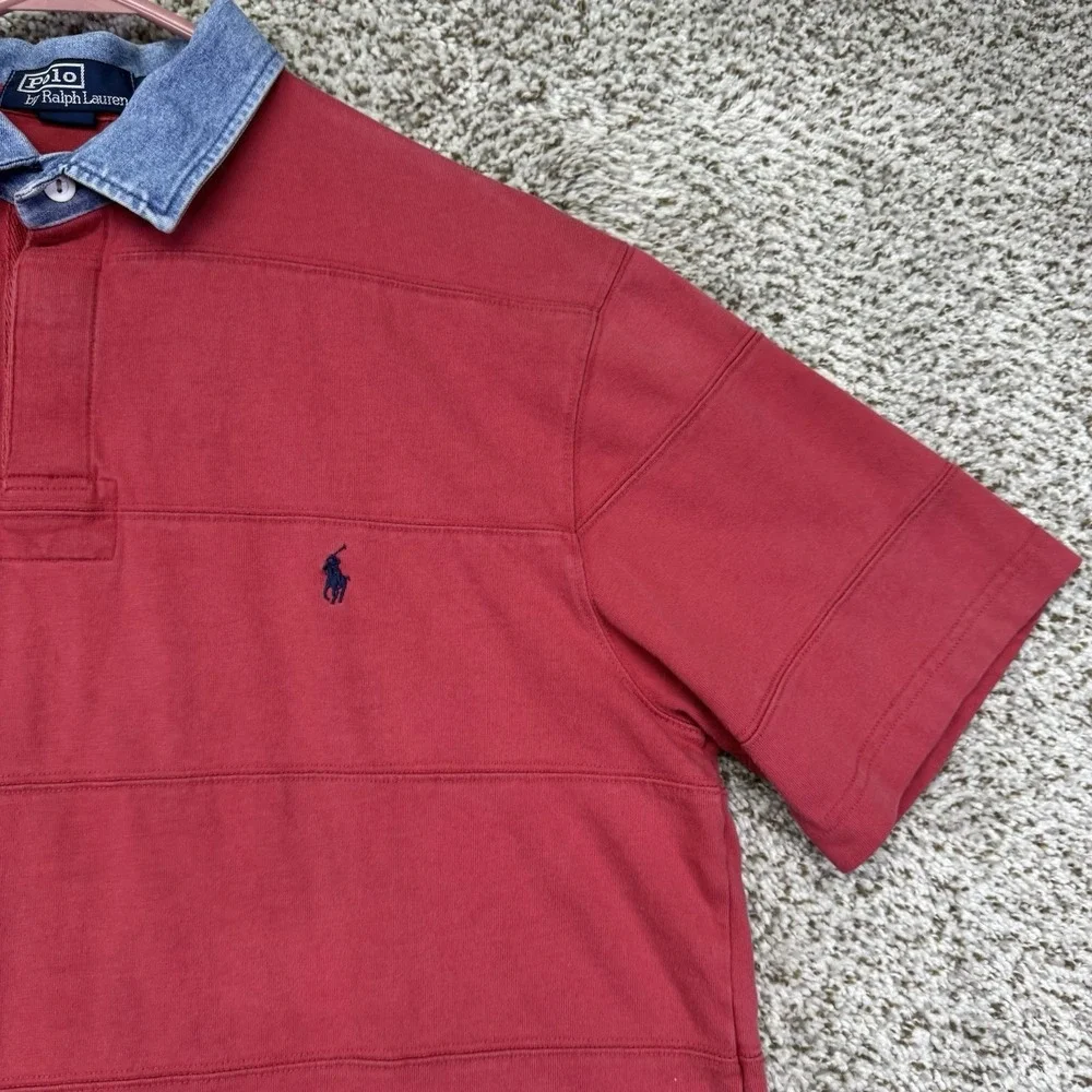 Vintage 90s Polo Ralph Lauren Polo Shirt Men's Size Large Red Denim Collar Rugby
